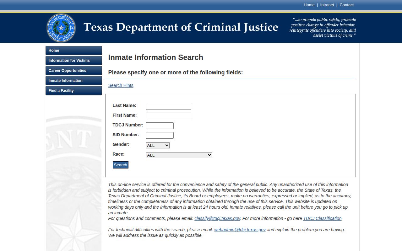 TDCJ search form for a Marion County projected release date